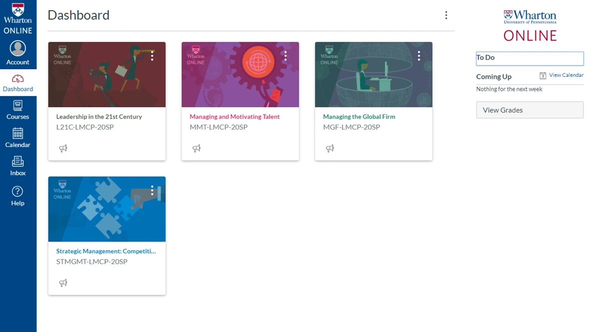 Screenshot of Wharton Online’s leadership and management program dashboard