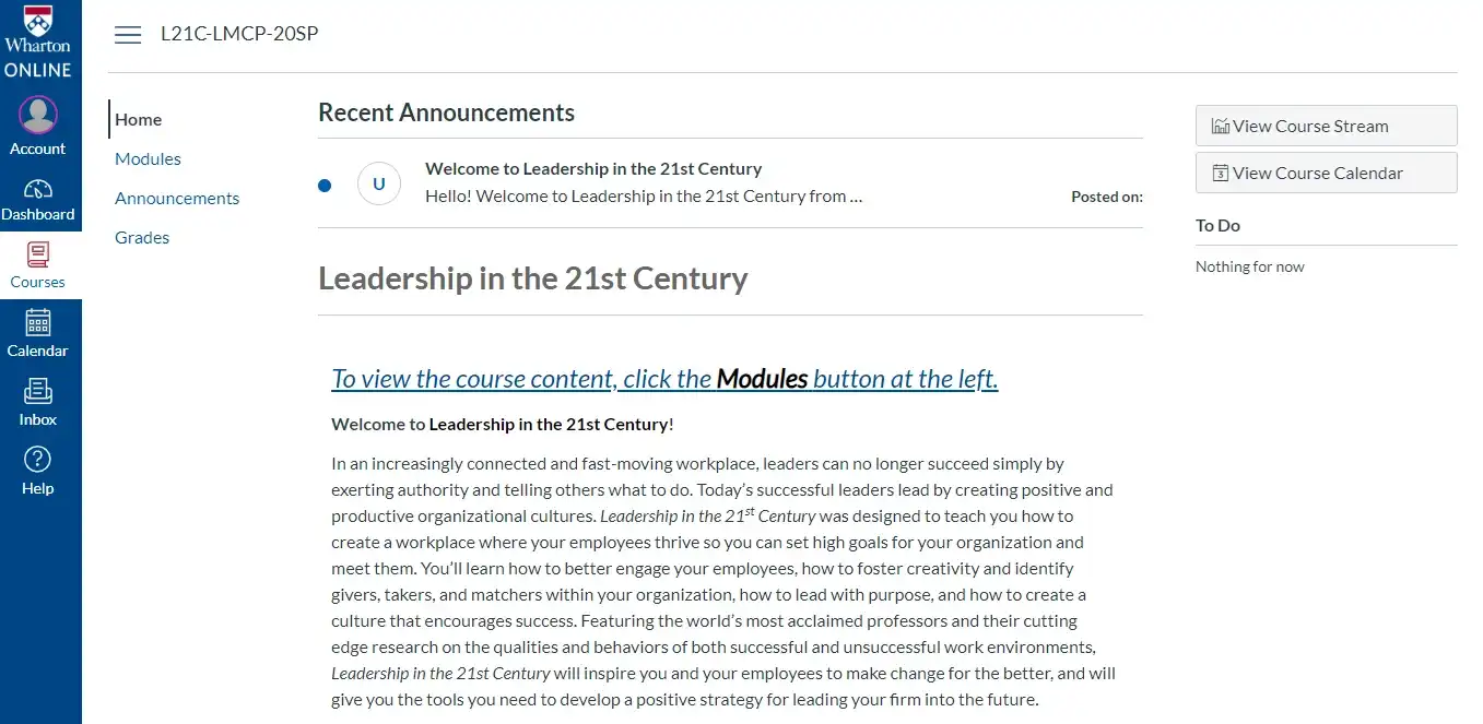 Screenshot of Wharton Online’s leadership and management course homepage