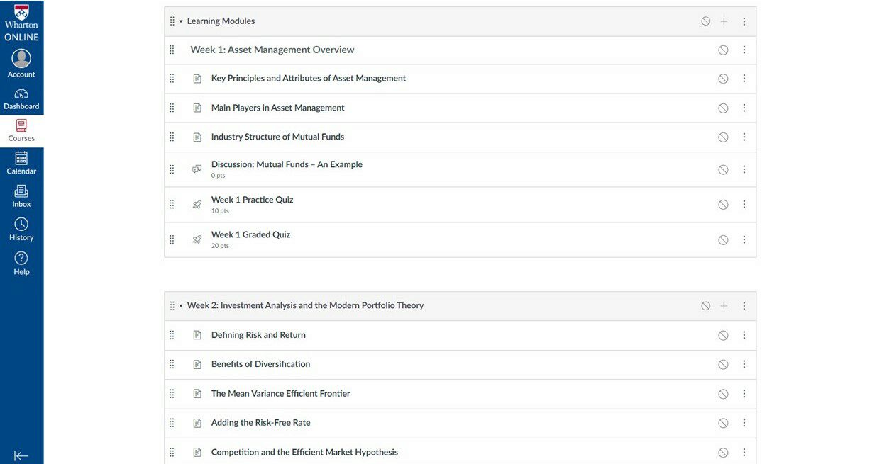 Wharton Online asset and portfolio management certificate program learning modules tab