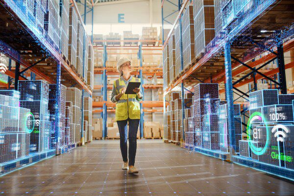 Female employee wearing safety vest and hardhat working in a futuristic warehouse