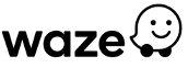 The image is the logo of Waze, featuring the word "Waze" in bold letters next to a cartoon speech bubble character with wheels and a smiling face.